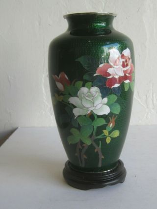 Fine Old Japanese Green Cloisonne Enamel Ginbari Roses Vase Signed Ando? W/stand