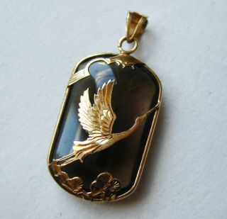Fine Old Chinese 14k Gold 585 Obisidan Crane Vintage Necklace Pendant