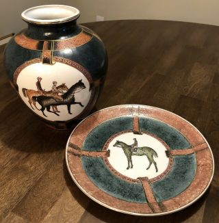 Wbi Fox Hunting Horses Riders Porcelain Jar Vase Plate Equestrian