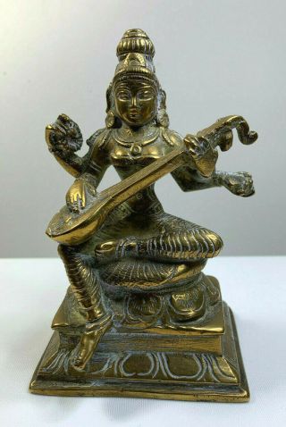 Brass Vintage Goddess Maa Saraswati With Sitar Statue Ornament