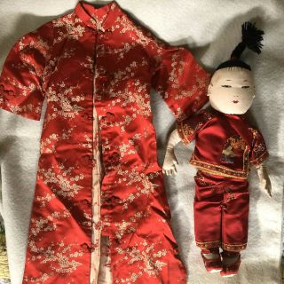 Vintage Mid - Century Ada Lum Chinese Cloth Doll Silk Brocade Opera Dress Robe