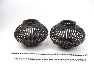 Set Of 2 Vintage Japanese (?) Black Bamboo Wicker Lanterns