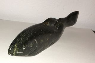 Canada Inuit Eskimo Art Carved Sculpture Stone,  Signed Numbers Triangles,  Fish 2