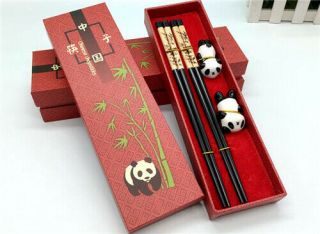 2 Pairs Chinese Style Black Ironwood Bamboo Panda Carving Craft For Chopsticks