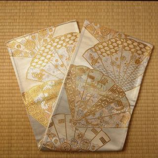 【fukuro Obi】japanese Kimono,  Vintage Silk Obi,  Ougi,  Gold,  Made In Japan.  (袋032)