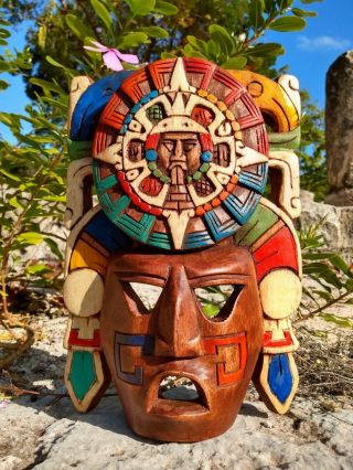 Maxican Mask Carving Mayan Hand Made Aztec Inca Wood Sun Calendar God 9 "