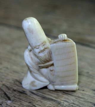 Antique Japanese Handed Carved Netsuke Man With Scroll Tablet - Buddha Oriental