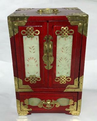 Vintage Wood Jade Brass Jewelry Box Ornate Secret Drawer