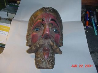 Old Mexican Folk Art Carved Wood Mask With Glass Eyes