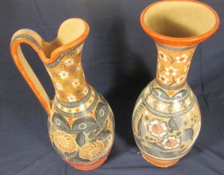 Vintage Mexico Pottery Signed A.  Jimon 16 " Tall Pitcher & Vase Hand Painted Vgc