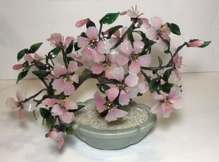 Vintage Glass Jade Sakura Pink Cherry Blossom Potted Flowering Bonsai Tree 9”