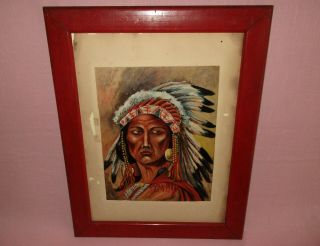 Antique Oil Painting Native Western American Indian Chief Warrior Portrait