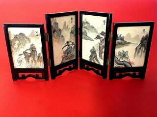 Chinese 4 Panel Screen.  Hand Crafted & Painted Artist Signed 8 Individual Scenes