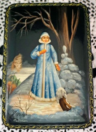 Hand Painted Fedoskino Russian Lacquer Box Artist Signed Snow Maiden Princess