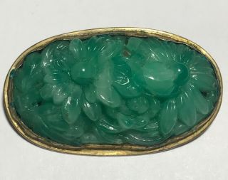 Antique Chinese Import Sterling Silver Carved Green Jade Broach 23.  4 Grams