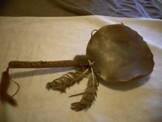 1800s Ceremonial Dance Turtle Shell Rattle Wood Leather American