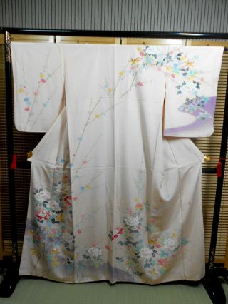 Japanese Kimono " Houmongi " Silk,  Peony/plum/ Plants,  Like Yuzen,  Length 63 ".  885