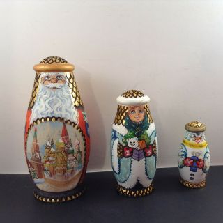 3 Poccnr Nesting Dolls Christmas Santa Snowman Woman Hand Painted Russian Signed