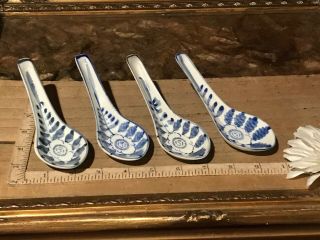 4 Antique Vintage Porcelain Asian Spoons Hand Painted Blue & White