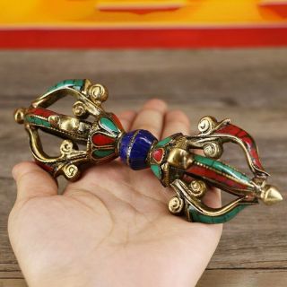 Chinese Antique Tibetan Buddhism Pure Copper Inlaid Gems Vajra Implement