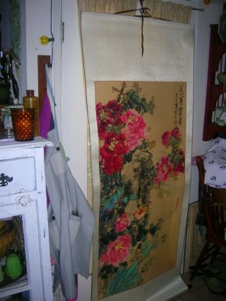 Vintage Chinese Floral On Silk Panel
