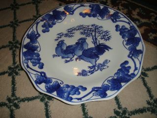 Chinese Or Japanese Blue & White Rooster Chicken Scalloped Plate - Signed