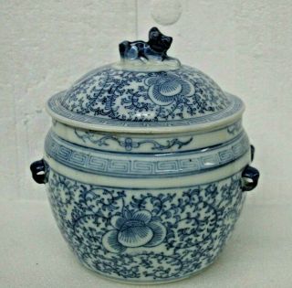 Vintage Oriental Blue And White Bowl With Lid Handle Is Dog On Lid Top
