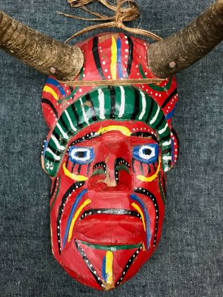 Vintage Mexican Folk Art Devil Diablo Mask With Real Horns Hand Carved & Painted