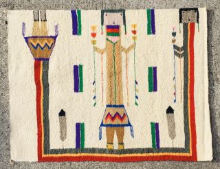 Large Native American Navajo Pictorial Yei Rug Feathers Flowers