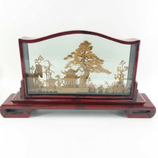 Vintage Asian Oriental Hand Carved Cork Art Shadow Box Diorama 3d Egret Pagoda