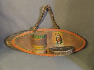 Vintage Carved Wood W/ Bark Native American Indian Decal Wall Hanging Cup/vase