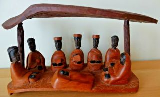 African Hand Carved 9 Piece Wood Christmas Nativity Hut W Holly Family Wise Men