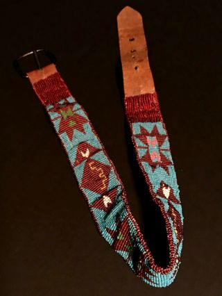 Early 20th C Native American Beaded On Leather Belt,  Blue Background,  Nr