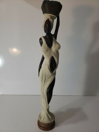 African Woman Wooden Carved Statue 19” Basket On Head Dark Wood And Sand