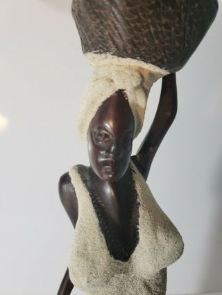 African Woman Wooden Carved Statue 19” Basket On Head Dark wood and sand 2