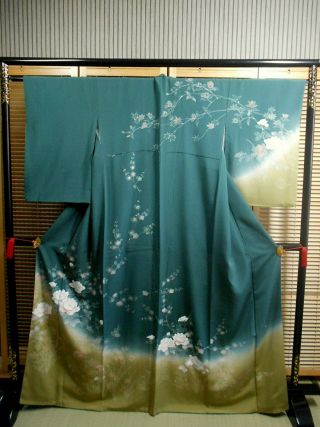 Japanese Kimono " Houmongi " Silk,  Peony & Camellia,  Ume Tree,  Length 64 ".  848