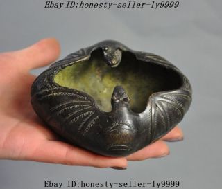 4 " Old Chinese Fengshui Bronze Wealth Aniaml Bat Statue Incense Burner Censer