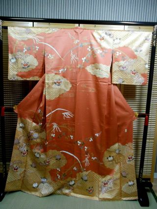 Japanese Kimono " Houmongi " Silk,  Gold Waves,  Gold Leaf & Threads,  Length 65 ".  887