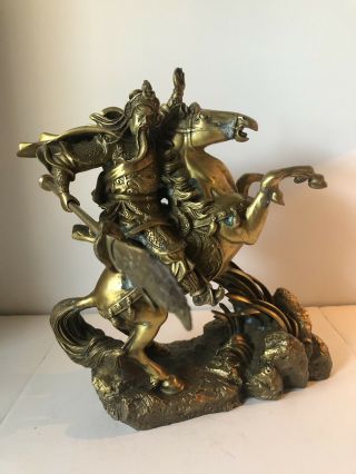 11 " Brass Chinese Guan Gong Guan Yu Fighting Warrior On A Horse Statue