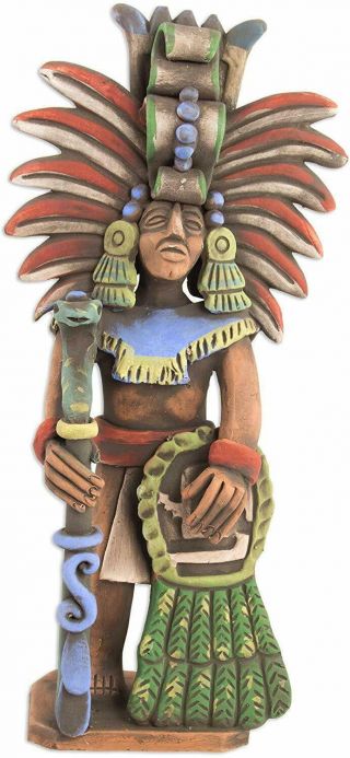 Novica Signed Aztec Ceramic Sculpture From Mexico,  " Priest Of Quetzalcoatl "
