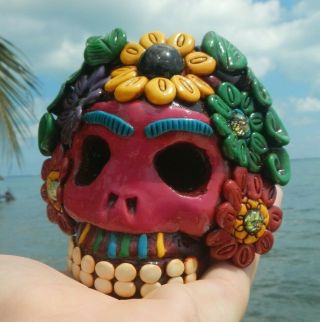 Mexican Folk Art Sugar Skull Clay Talavera Catrina Day Of The Dead Whistle