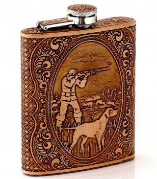 Pocket Hip Alcohol Flask Russian Birch Bark Pattern Hunting Stainless Steel 7 Oz