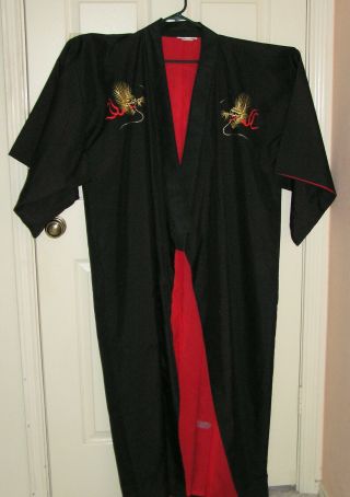 Men ' s Black 100 SILK KIMONO EMBROIDERED Long Robe w/DRAGONS - Japan no sash 58 