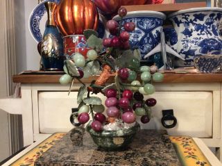 Vintage Chinese Jade Stone Hand Carved Grape Berry Vine Bonsai Tree 13 " X 9 "