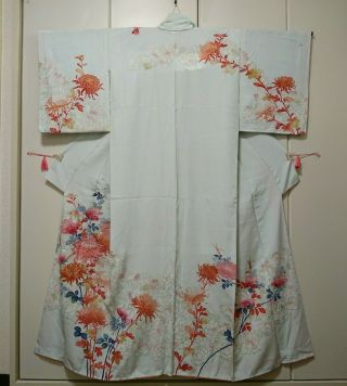 Woman,  Japanese Kimono,  Houmongi,  Silk,  Chrysanthemum,  Rose,  Floral,  Light Blue.