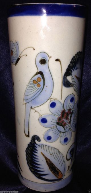 El Palomar Tonala Blue Ken Edwards Ke 9 " Cylinder Vase Blue Bird Bugs Flowers