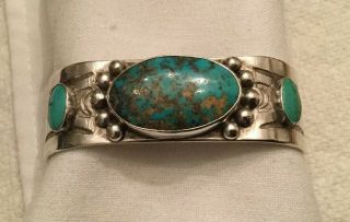 Vintage Navajo Native American Sterling Silver Cuff Bracelet W/ Green Turquoise