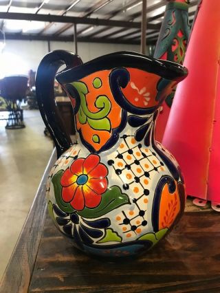 Mexican Colorful Talavera Pottery Pitcher Folk Art Kitchen Water Jug