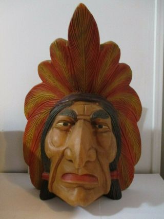 Hand Carved Wood Indian Chief Head Bust Tobacco Store Cigar Shop Sculpture 14 "