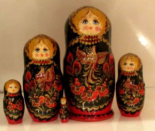 Russian Palekh Style Matryoshka 5 Nest Doll " Firebirds " Crafts Hand Painted
